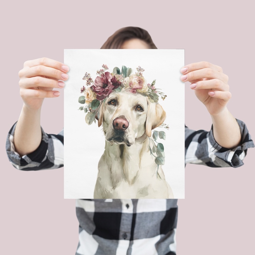 Watercolor Labrador Retriever with Flower Crown Portrait Wall Art Print Unframed - Picture 4 of 7